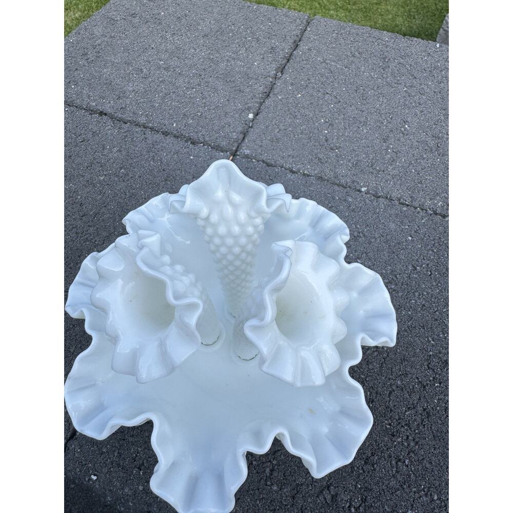 Vintage Fenton Hobnail Milk Glass Epergne Ruffled Bowl 3 Horned Vase - Picture 6 of 6